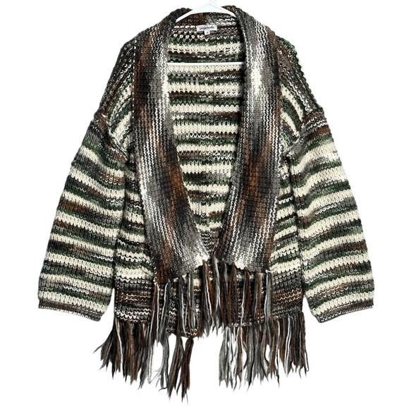 Magnolia Boutique Sz M Chunky Knit Open Cardigan Sweater Fringe Hem Striped boho - Picture 1 of 9